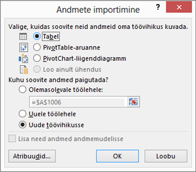 Excel 2016 dialoogiboks „Andmete importimine”