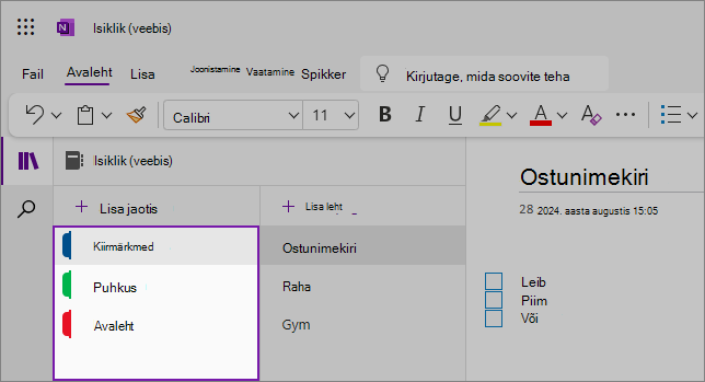 Vaade OneNote’i veebikasutajaliidesele, kus on kuvatud sisuala