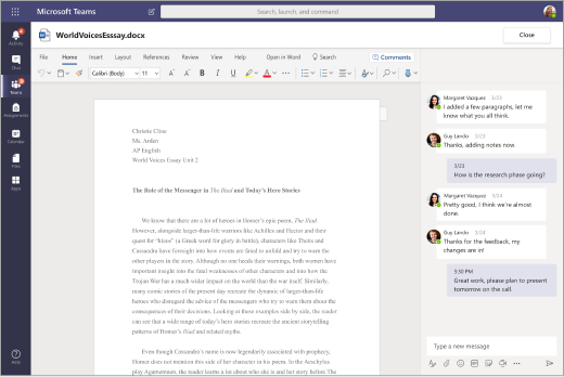Word document open in Teams with a chat conversation in a panel next
