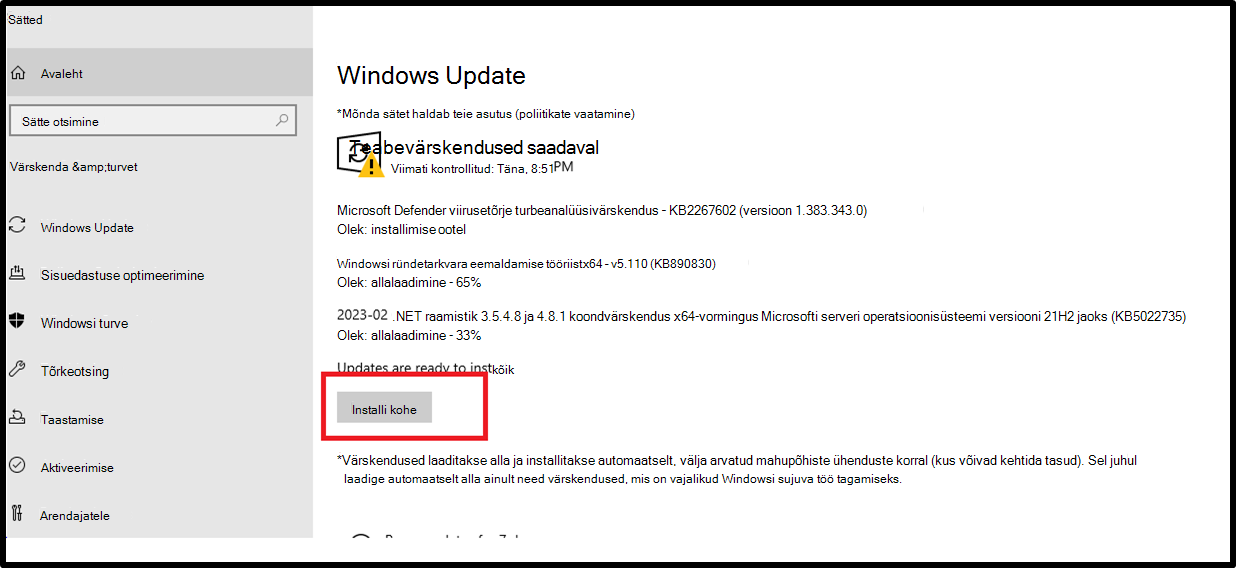 Windows Update sätete kasutajaliides