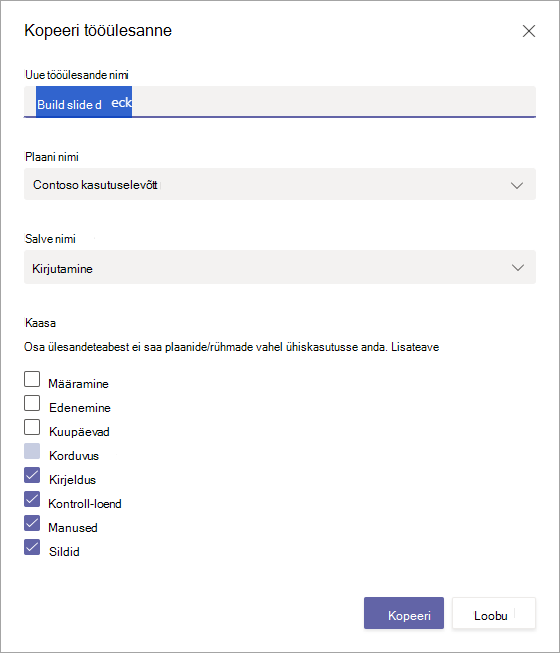 Copy task dialog for copying within a task within a plan