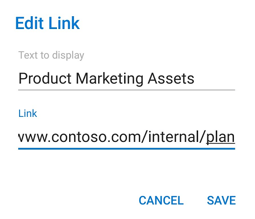 Outlook for Android edit link dialog box.
