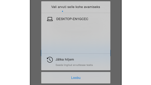 Kuvatõmmis, millel on kujutatud iOS-i opsüsteemis töötava Microsoft Edge’i suvand „Choose a PC“ (Vali arvuti), mis võimaldab kasutajal avada veebilehe oma arvutis.