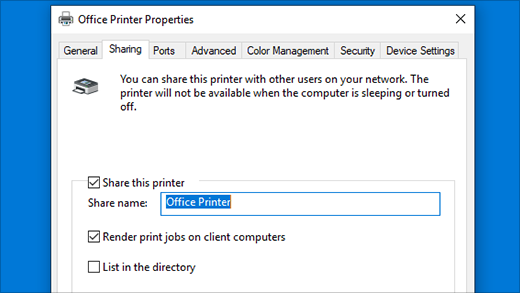 Printeri ühiskasutusse andmine printeriatribuutide akna kaudu