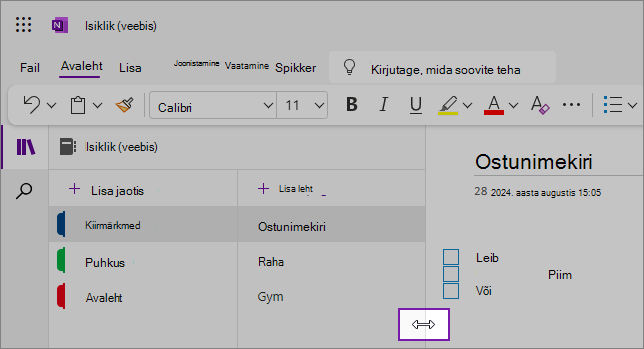 Kuvatõmmised, mis näitavad, kuidas muuta OneNote’i navigeerimispaanide suurust