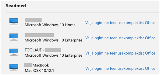 Kuvab Windowsi ja Maci seadmed ning Office’ist väljalogimise lingi aadressil account.Microsoft.com