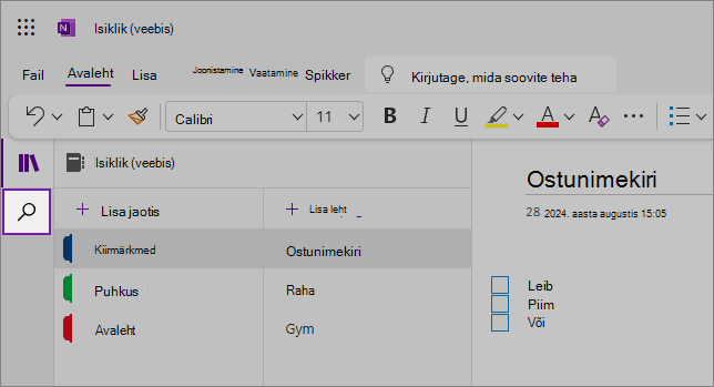 Vaade OneNote’i veebikasutajaliidesele, kus on kuvatud sisuala