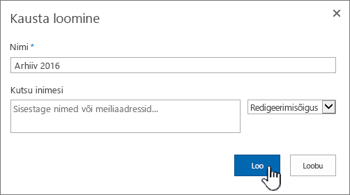 SharePoint 2016 uue kausta ühiskasutusse andmise dialoog