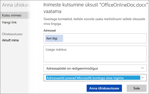 Kuvatõmmis ühiskasutuse dialoogiboksist, kus on näha väärtus „Adressaadid peavad Microsofti kontoga sisse logima“