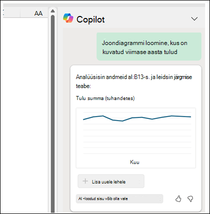 Copilot-paanil kuvatakse viip "Loo joondiagramm, kus on kuvatud viimase aasta tulud", millele järgneb genereeritud joondiagramm, kus on kuvatud tulud.