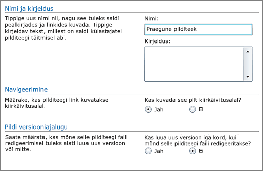 Dialoogiboks nime, skeemi, kiirkäivitusalale navigerimisvaliku ning versioonimise lisamiseks.