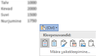 Kleepesuvandite nupp, mis asub mõne Excel kõrval, laiendati, et kuvada suvandid