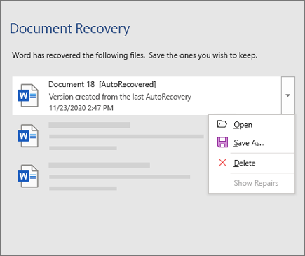 AutoRecovered file listed in the Document Recovery pane