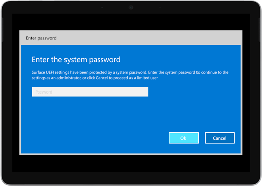 Kuvab sinise ekraani, kus on kirjas "Enter the system password" (Sisestage süsteemiparool). Parooli sisestamiseks on kast ja selle all on nupud OK ja Loobu.