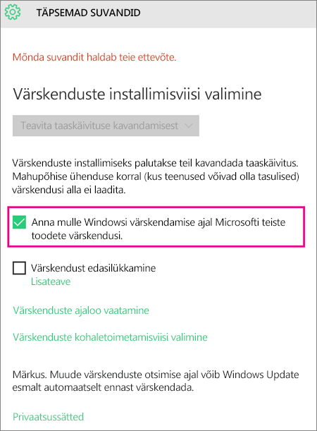 Windows Update‘i täpsemad suvandid