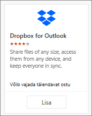 Kuvatõmmis Dropboxist Outlooki lisandmooduli paanile, mis on saadaval tasuta.