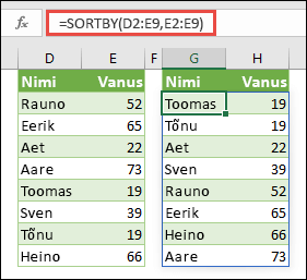 Sortige vahemikku funktsiooniga SORTBY. Selle näite puhul kasutame valemit =SORTBY(D2:E9,E2:E9), et sortida inimeste nimede loendit inimeste vanuse järgi tõusvas järjestuses.