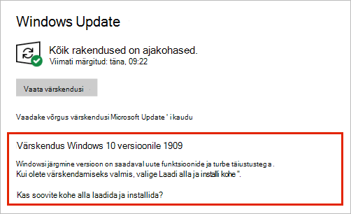 Windows Update, kus on kuvatud funktsioonivärskenduste paigutus
