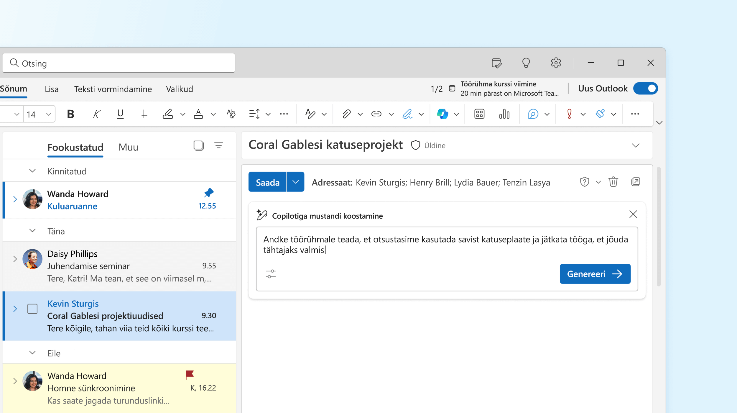 Kuvatõmmis, mis näitab Copilotit Outlookis koostamas meilisõnumi mustandit.