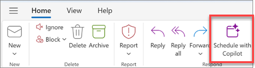 Kuvatud Outlooki tööriistariba, kus on esile tõstetud nupp "Schedule with Copilot".