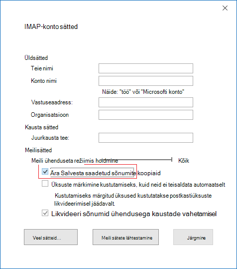 IMAP-konto sätted, Ära salvesta saadetud üksuste koopiaid