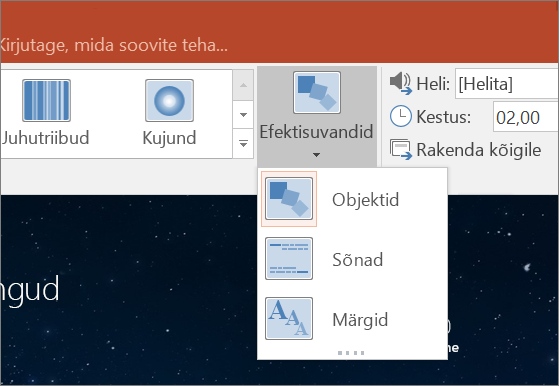 Näitab PowerPoint 2016 morfimissiirde üleminekuefekti suvandeid