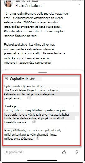 Meilikokkuvõte Copilotilt iOS-is ja Androidis.