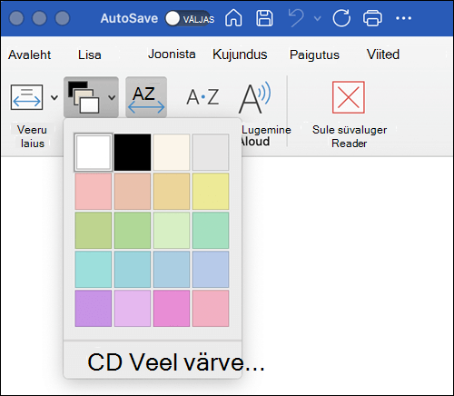 Page Color Options shown for süvaluger in Word for the Mac