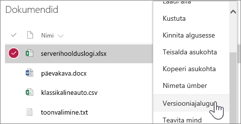 Dokumenditeegi paremklõpsumenüü, kus on esile tõstetud käsk „Versiooniajalugu“