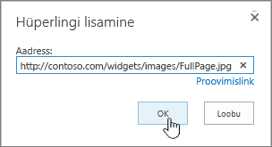 Dialoogiboks Hüperlink veebiaadressi ja esiletõstetud nupuga OK