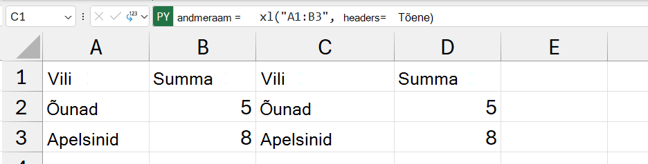 Exceli väärtustena tagastatud andmeframe'i sisu.