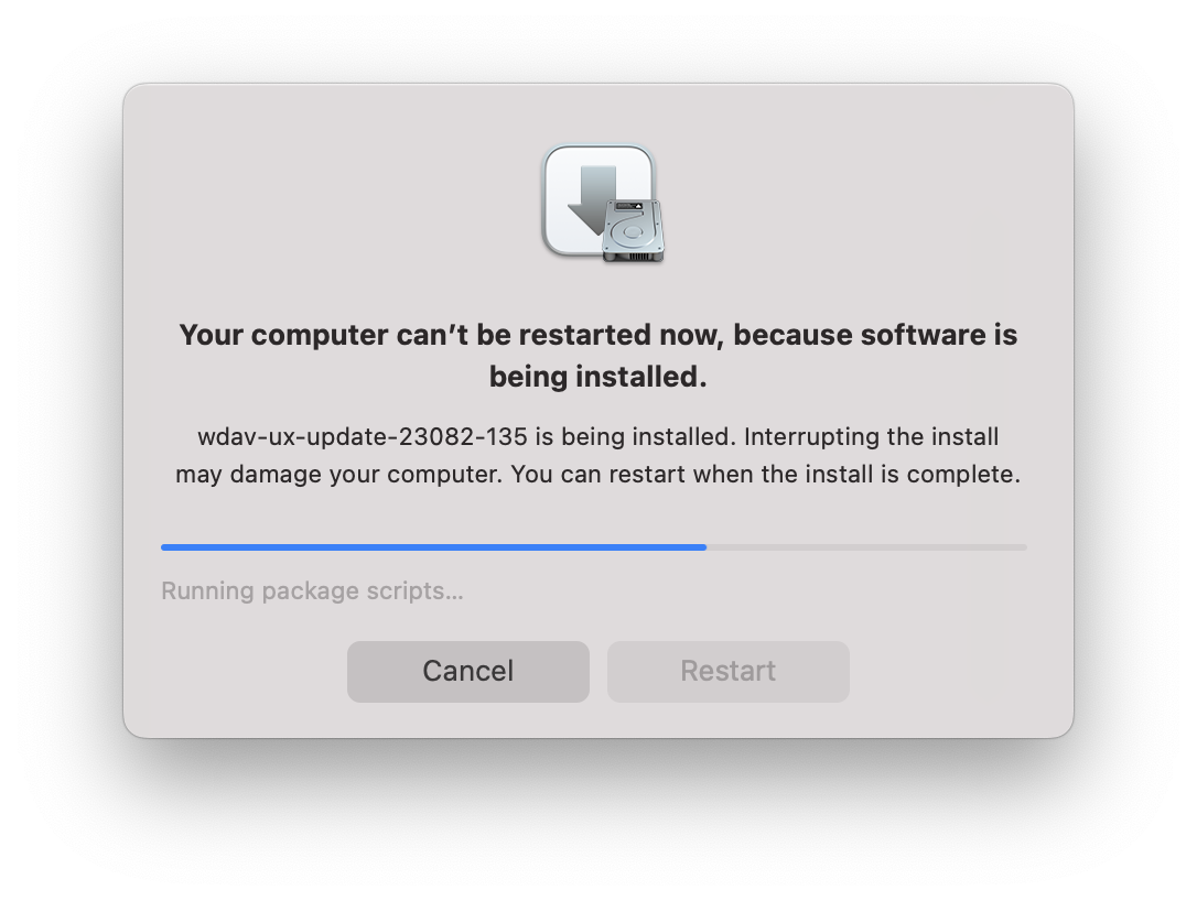 Kuvatõmmis, kus on näha, et macOS-i ei saa taaskäivitada