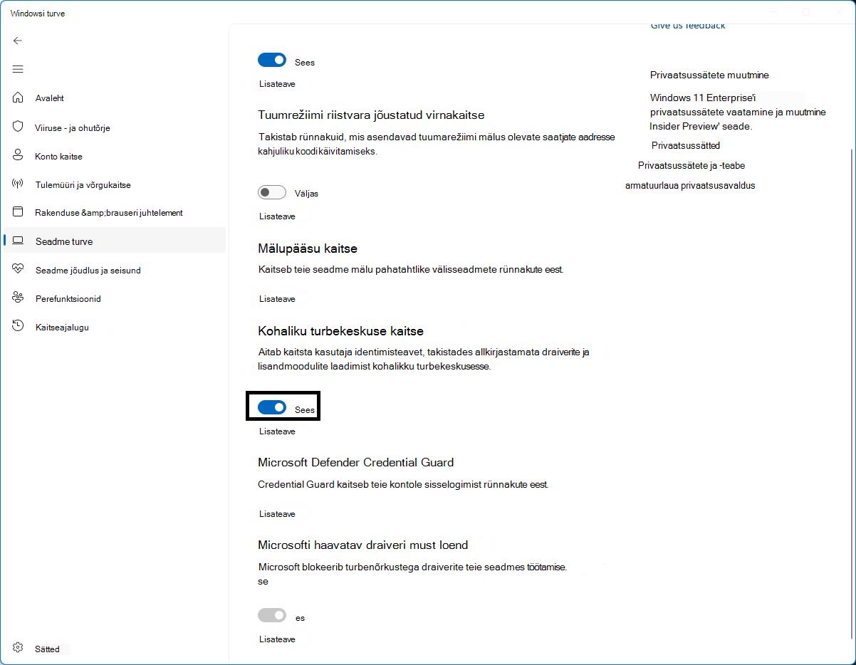 LSA kaitse reguleerimine Windowsi turberakenduse lehel Tuumiku isoleerimine