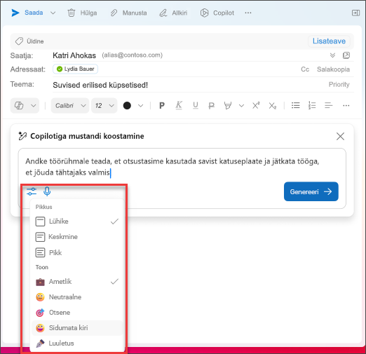 Pikkuse ja tooni suvandid, mida valida meilisõnumite koostamisel Copilotiga Outlookis