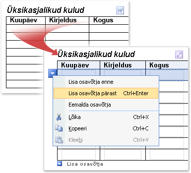 Wordi tabel, mis on teisendatud InfoPathi korduvaks tabeliks