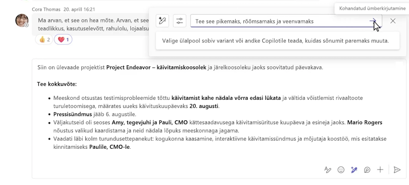 Microsoft Teamsi vestluses Copilotit kasutades sõnumi kohandatud ümberkirjutamine.