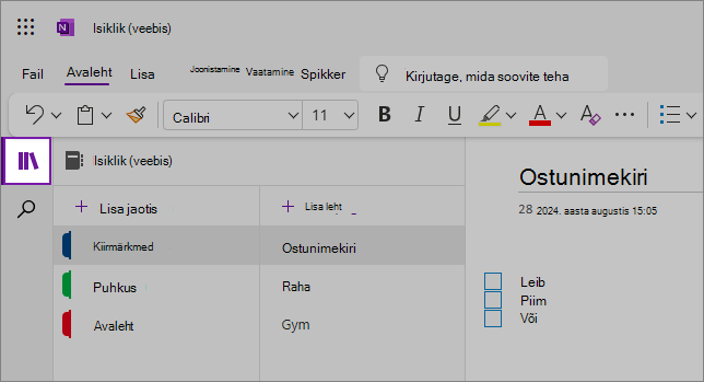 Vaade OneNote’i veebikasutajaliidesele, kus on kuvatud sisuala