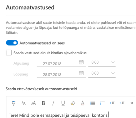 Automaatvastuse (kontorist-väljas-sõnumi) loomine Outlooki veebirakenduses