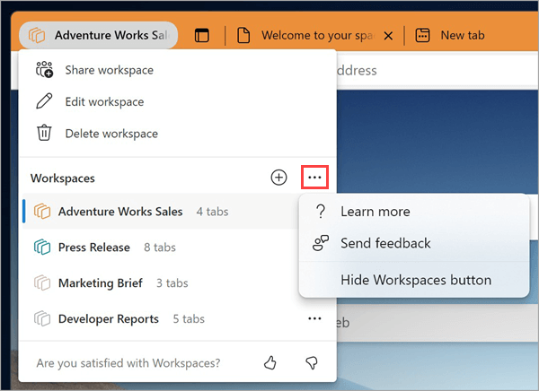 Saatke meile tagasisidet Microsoft Edge Workspacesi kasutuskogemuse kohta.