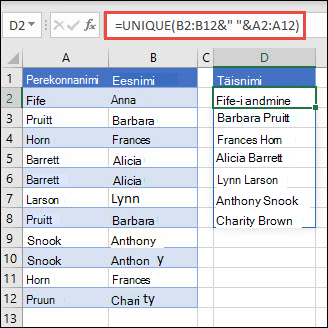 Funktsiooni UNIQUE kasutamine mitme vahemikuga, et ühendada veerud Eesnimi/Perekonnanimi täisnimeks.