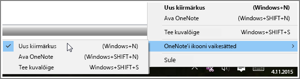 OneNote’i suvanditega süsteemisalve kuvatõmmis.