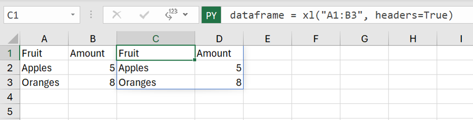 Exceli andmefraam tagastas Pythoni Exceli väärtustena.