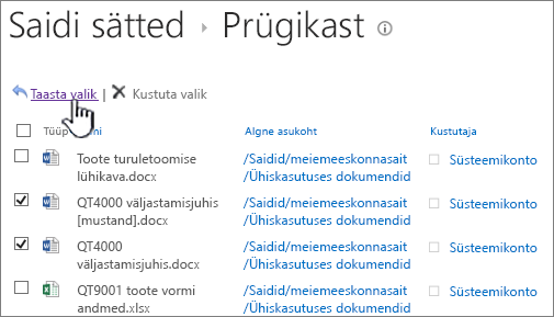 SharePoint 2013 teise astme prügikast, kus on esile tõstetud nupp Taasta