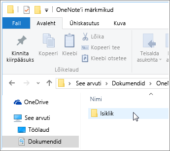 Kuvatõmmis Windowsi kaustast Dokumendid, kus on näha OneNote’i märkmiku kaust.
