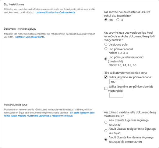 Versioonimisvalikute dialoogiboks