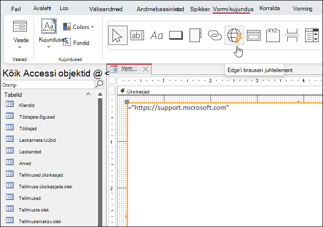 Microsoft Accessi lindimenüüs Vormi kujundus klõpsatav Edge'i brauseri juhtelement