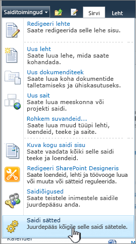 Menüü Saiditoimingud valik Saidi sätted