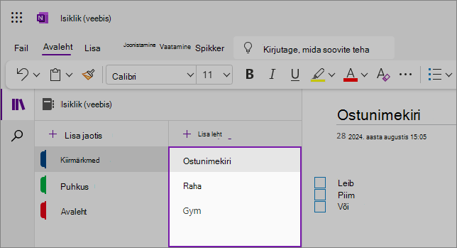 Vaade OneNote’i veebikasutajaliidesele, kus on kuvatud sisuala