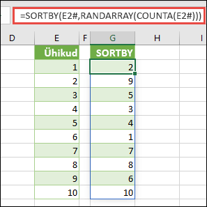 Funktsiooni SORTBY saate kasutada koos funktsioonidega RANDARRAY ja COUNTA. Selle näite puhul viitab E2# kogu vahemikule, mis algab lahtris E2, kuna see täideti valemiga =SEQUENCE(10). Märki # nimetatakse ülevoolanud vahemiku märgiks.