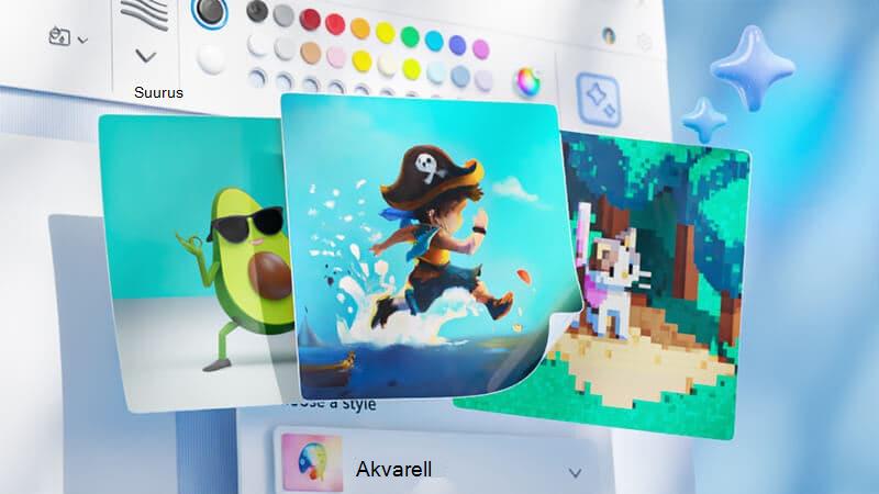 Loominguline pilt, kus on kuvatud kolm näidet sellest, mida saate Paint Cocreatoriga luua. Pildid kujutavad vee peal jooksvat joonistatud piraati, päikeseprille kandvat tantsivat avokaadot ja Minecrafti kassi metsas.